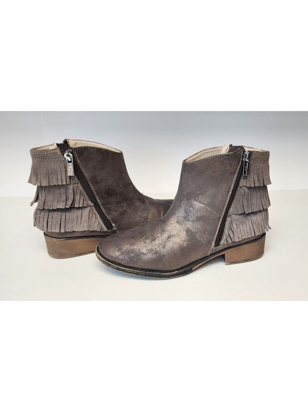 Kenneth Cole Downtown Girl Bronze Synthetic & Leather Fringe Ankle Boots 5 - Picture 7 of 10